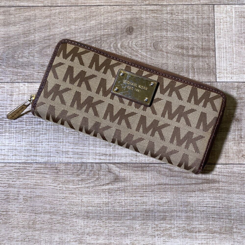 Michael Kors Zip Around Wallet- Beige Brown With Gold Accents